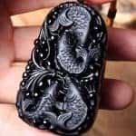 Obsidian carved lucky yin yang koi fish pendant