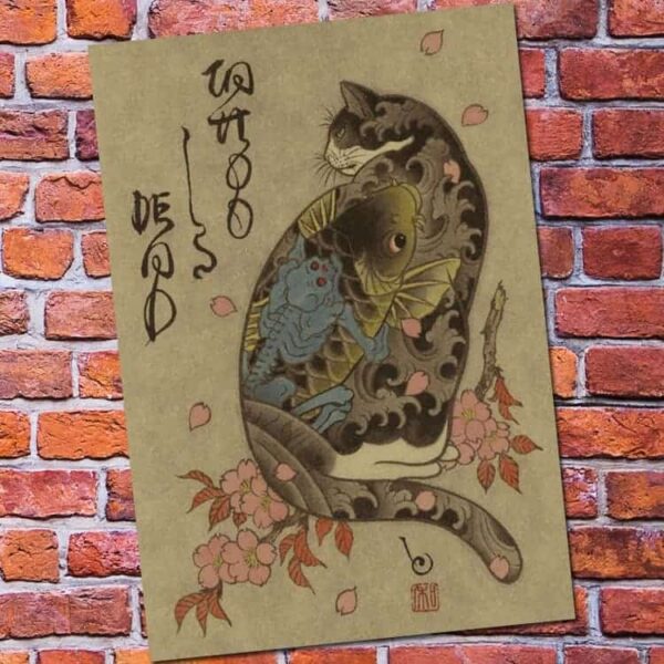 japanese painting samuria cat with koi fish tattoo