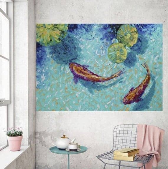 two chagoi koi fish abstract painting in lily koi pond