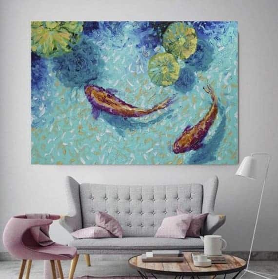 two chagoi koi fish abstract painting in lily koi pond
