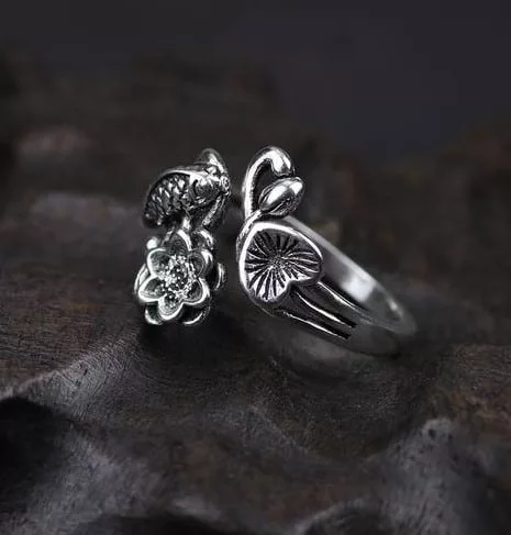oxidized sterling silver ring engraved koi fish &lotus flower 100% pure sterling silver