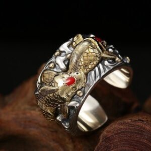 oxidized sterling silver ring engraved koi fish &lotus flower 100% pure sterling silver 2