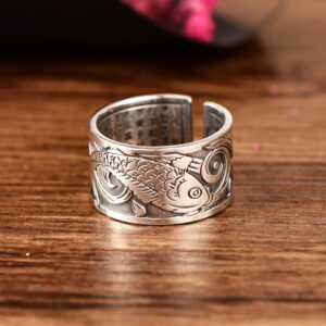 sterling silver rings koi fish and lotus flower design with hand stamped Chinese characters unisex adjustable size ring 1
