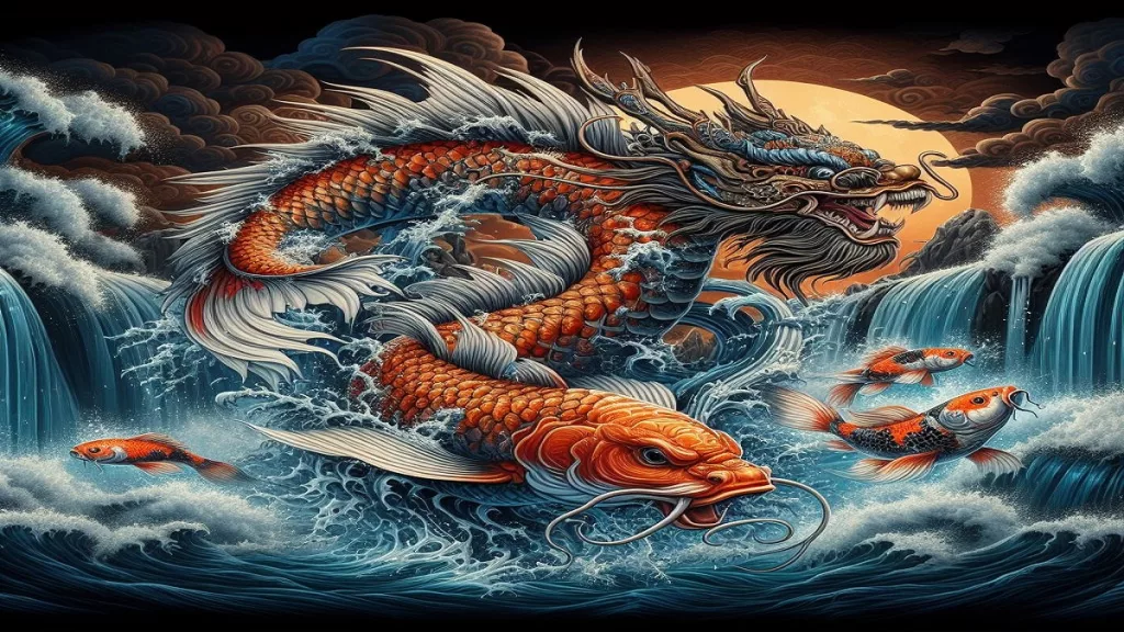 koi dragon a koi fish transforming into a dragon scene in the koi dragon myth story
