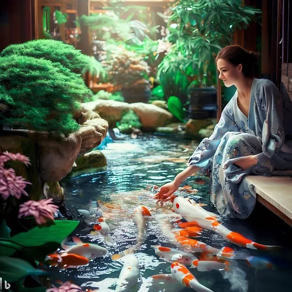 indoor koi pond with beautiful lady  hand feeding koi fish 