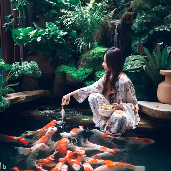 indoor koi pond with beautiful lady  hand feeding koi fish 