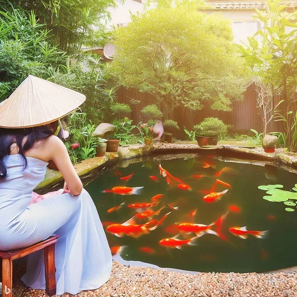goldfish a beautiful lady watches her goldfish in her beautiful garden goldfish pond 