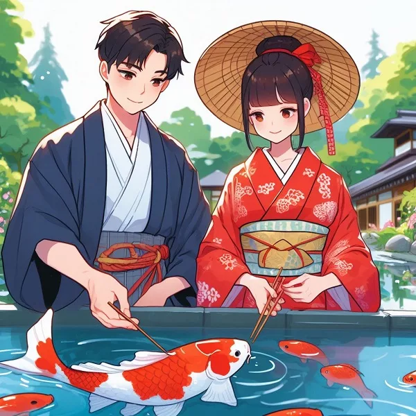 japanese couple watch the mesmerizing red koi swim
