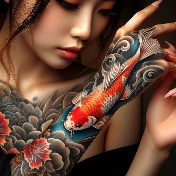 Koi fish tattoo on hand design