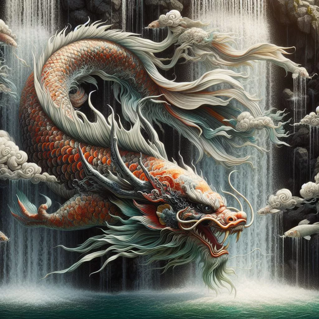 koi dragon a koi fish swimming in the waterfall transforming into a beautiful dragon